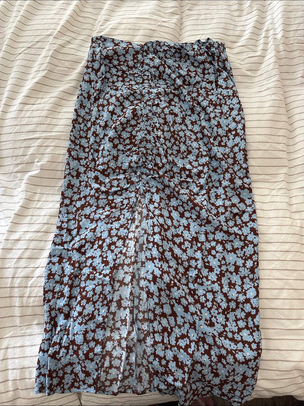 Zara Brown Midi Skirt with Light Blue Floral Print